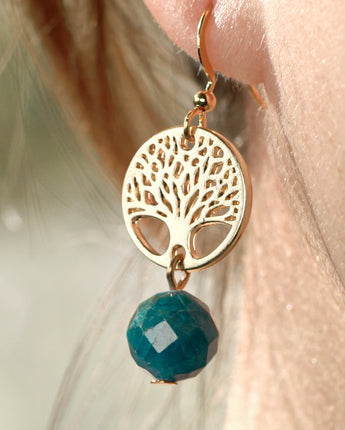 Treehut natural stone earrings with tree of life charm and blue apatite