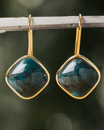 Gold and dark blue natural apatite stone earrings 