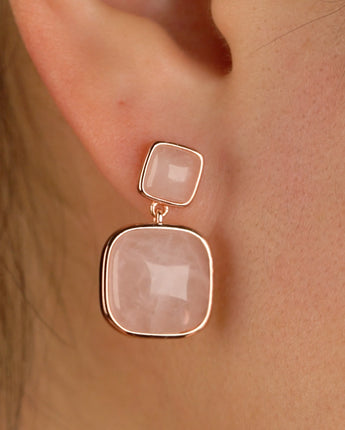 Pink and gold square rose quartz natural stone drop earrings 