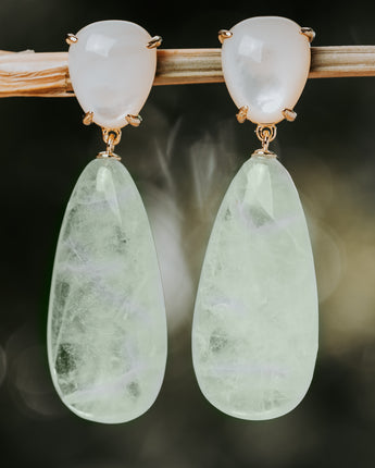 White and green natural fluorite stone earrings with natural shell