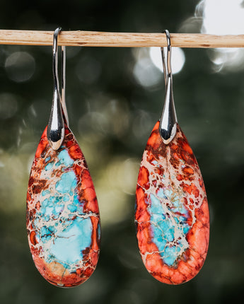 Treehut teardrop oval blue and red natural jasper stone earrings 