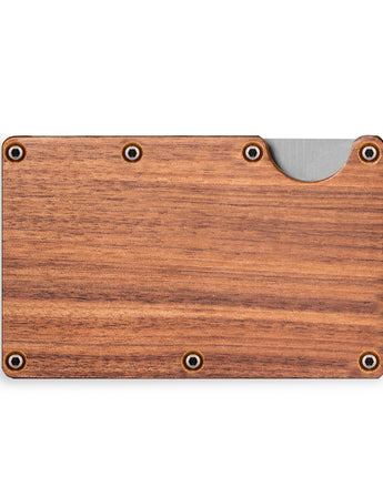 Engravable redwood wallet with RFID blocking body and metal money clip
