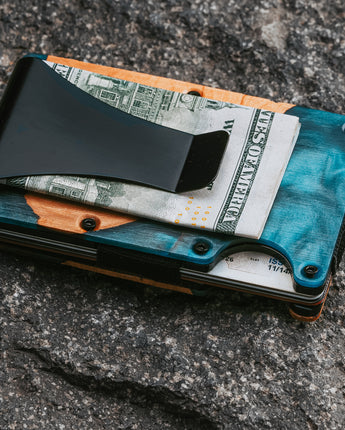 Treehut handmade engravable blue resin and maple wood wallet with metal money clip