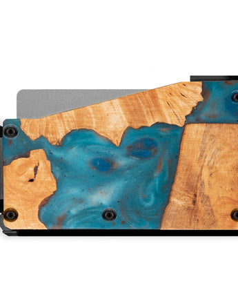 Treehut's flip side blue and brown RFID blocking wood wallet 
