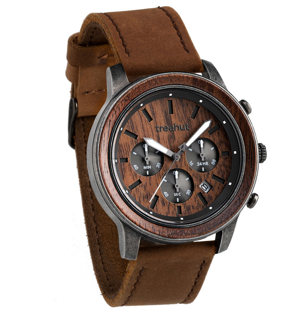Huxley Rustic Walnut Brown Men's Chrono Stainless Steel Wooden Watch 