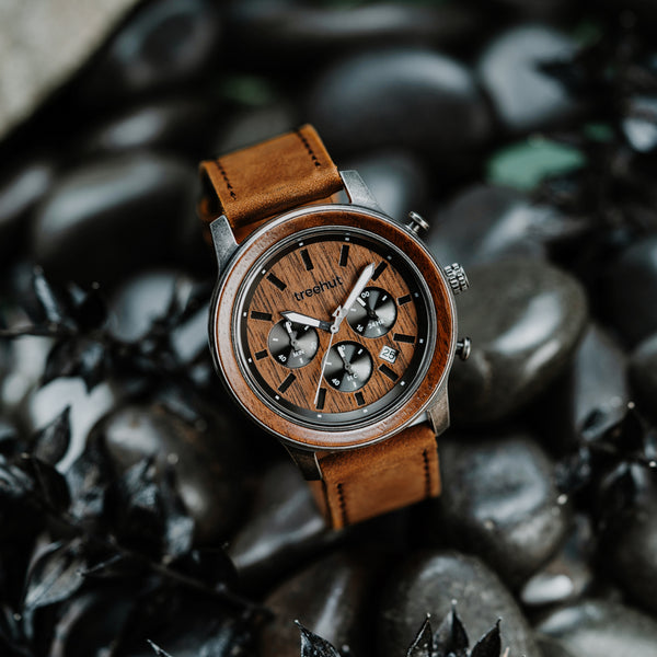 Huxley Rustic Walnut Brown Men's Chrono Stainless Steel Wooden Watch 