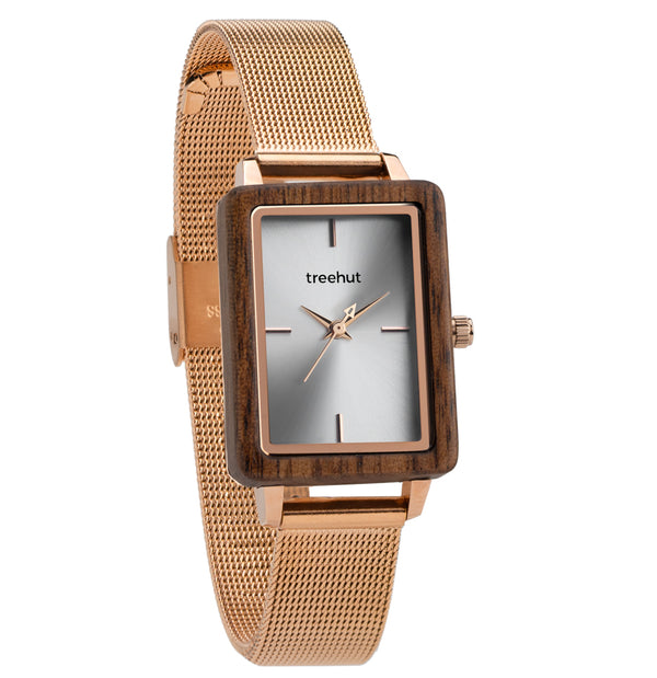 Lola Walnut Rose Gold Mesh Women's Stainless Steel Wooden Watch