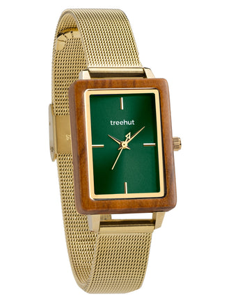 Lola Olive Gold Mesh Green Women's Stainless Steel Wooden Watch