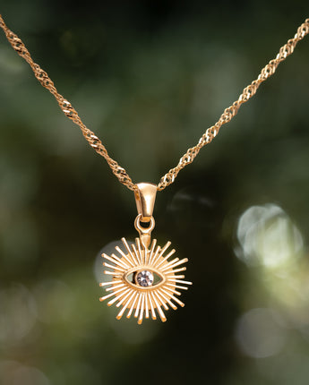 Sun shaped round cubic zirconia necklace with twist chain 