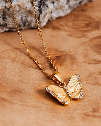 Handmade cubic zirconia and gold plated butterfly charm necklace 