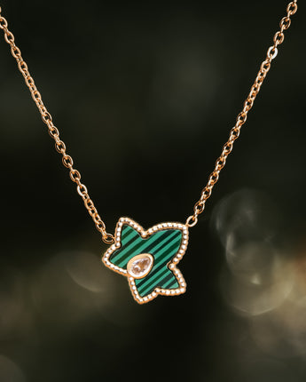Maple leaf shaped green and gold necklace handmade by treehut 
