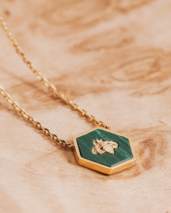 Natural malachite stone hexagon pendant with gold bee and gold cable chain 