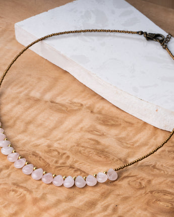 Treehut gold and pink rose quartz necklace. Teardrop natural rose quartz beads necklace for her