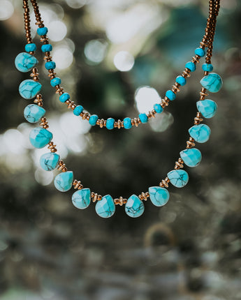 Treehut Blue and gold natural turquoise stone beaded necklace for women. Handmade in California 