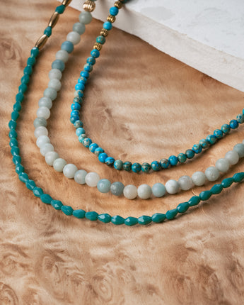 Amazonite and turquoise stone wrap around necklace in blue and white. Handmade in California