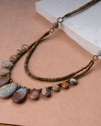 Handmade brown and blue natural jasper and agate stone necklace with seed beads