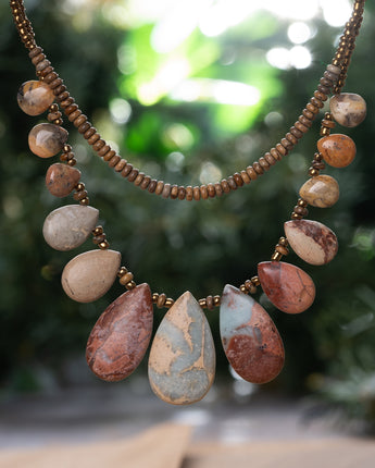 Natural Jasper stone necklace with seed beads handmade 