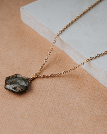 Labradorite stone pendant. Hexagon natural stone pendant with gold chain