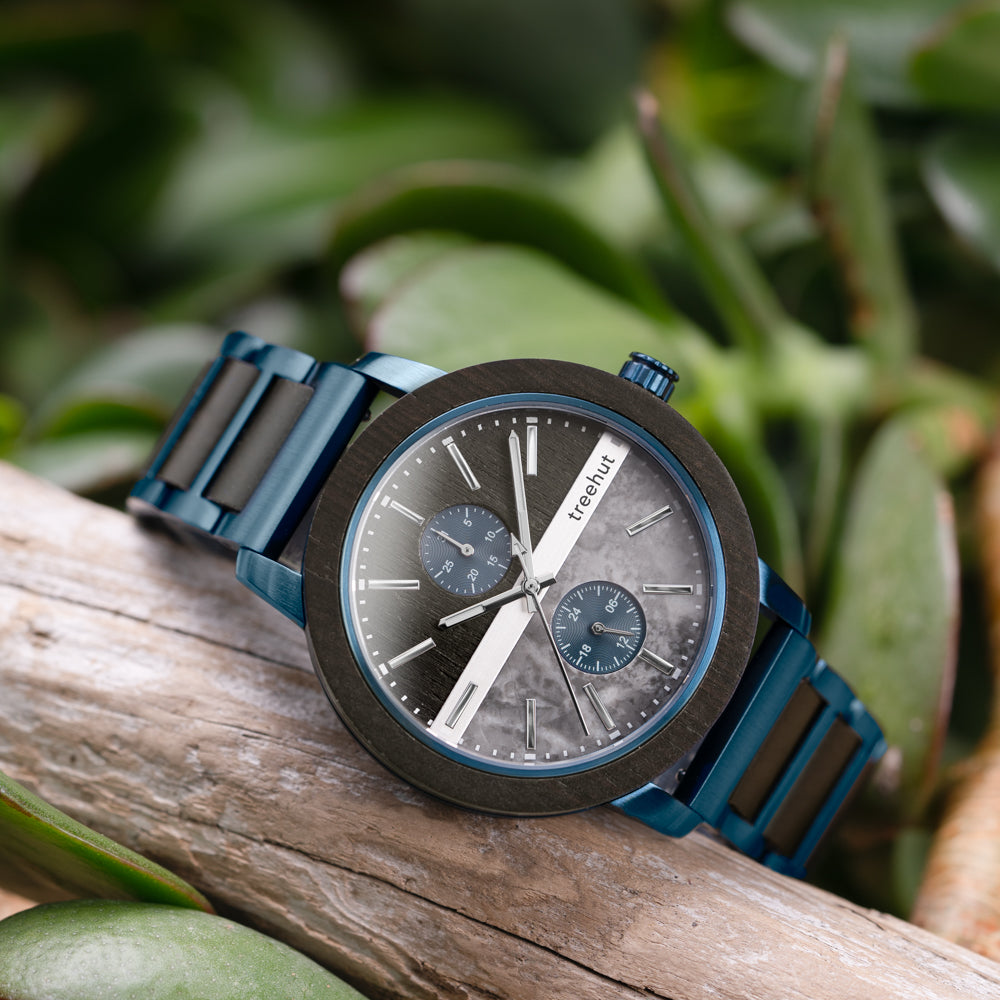 TREEHUT engraved wood watch, Blue Grey, Mens Watch, Marble Grey Maple, Tao Blue Marble Grey Maple, Japanese Quartz Movement