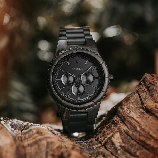 Classic Multifunction Ebony Monochrome Men's Wooden Watch
