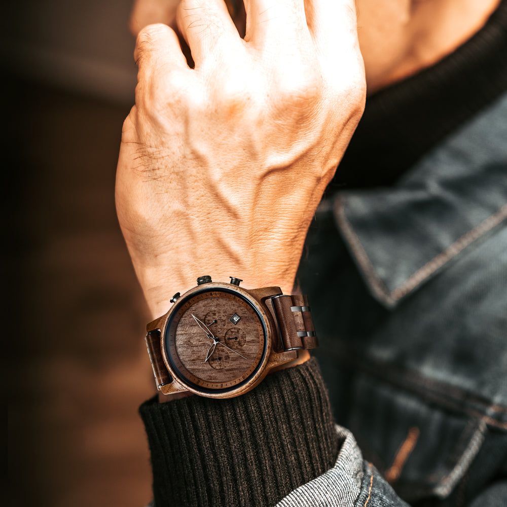 TREEHUT Wood Watches | Brown | Mens Watch | Walnut | North Chocolate Walnut  Boyd | Japanese Quartz Movement | Chronograph Function | Treehut