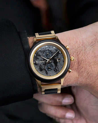 Rise Ebony Marble Gold Men's Stainless Steel Wooden Watch