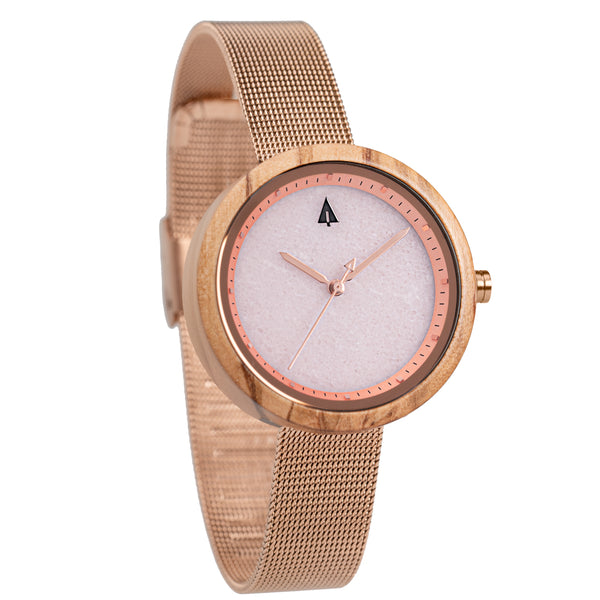 Theory Rose Gold Pink Marble Women's Stainless Steel Wooden Watch