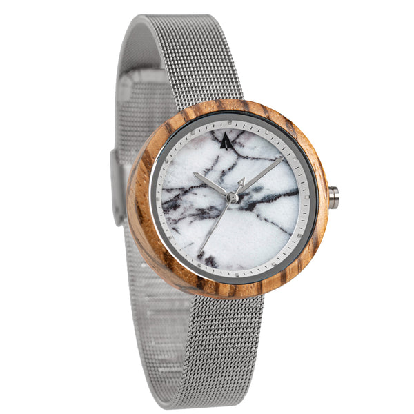 Theory Silver Zebrawood Marble Women's Stainless Steel Wooden Watch