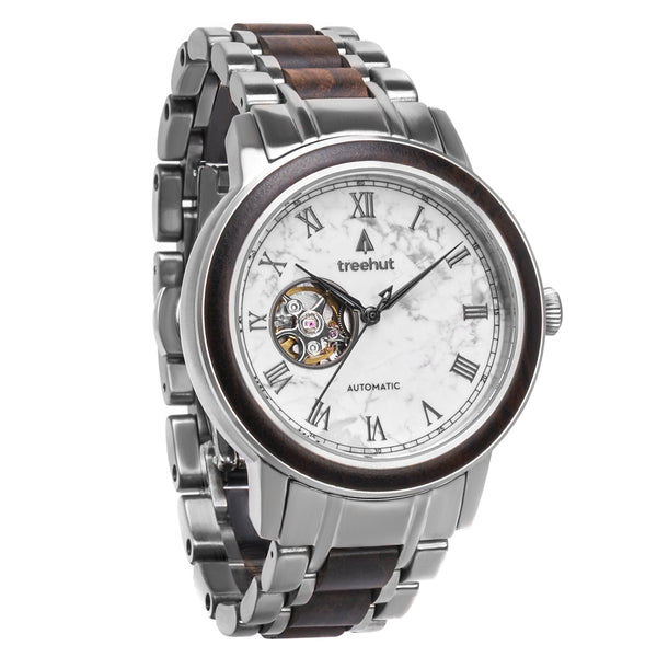Atlas Ebony White Marble Men's Stainless Steel Wooden  Watch