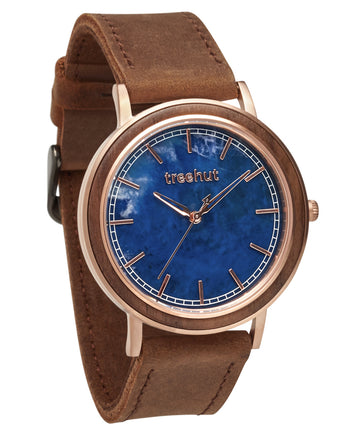 Bay Blue Marble Rose Gold Men's Stainless Steel Wooden Watch