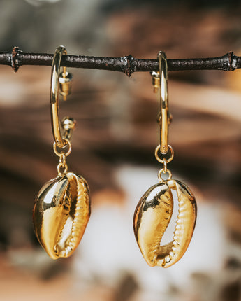 Gold Shell Hoops Women's Stone Earring