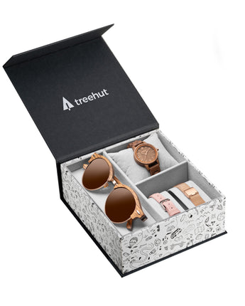 Brown and rose gold gift set with wood sunglasses, wood watch, rose gold mesh strap and pink leather strap 